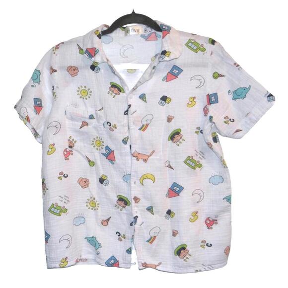 UNIQUE Clovie Cartoon Print Short Sleeve Muslin Shirt - Picture 1 of 3